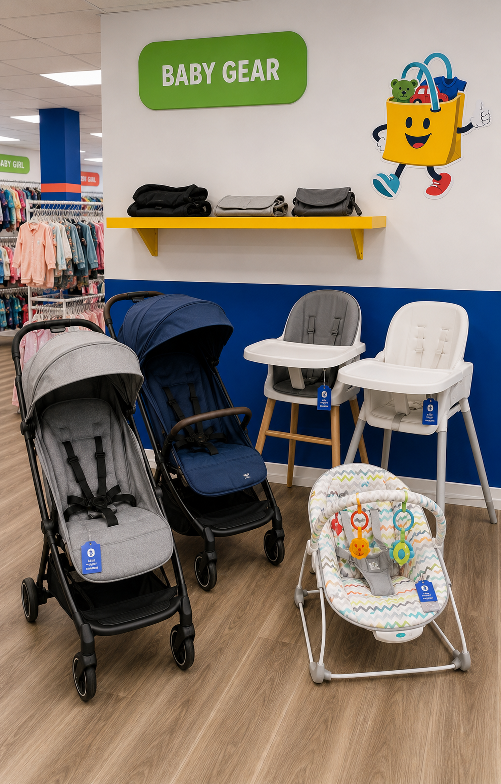 Baby Gear display with two strollers, two highchairs and a bouncer seat in front of the cobalt wall under the green Baby Gear sign