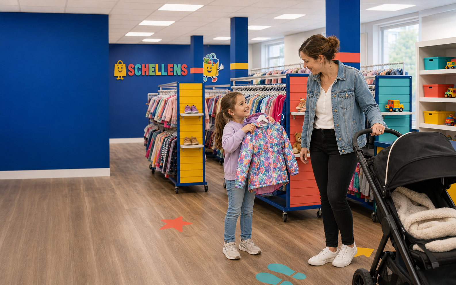 A mother and young daughter smiling as they hold up a floral coat inside the bright cobalt blue Schellens store, with racks of kids' clothing behind them