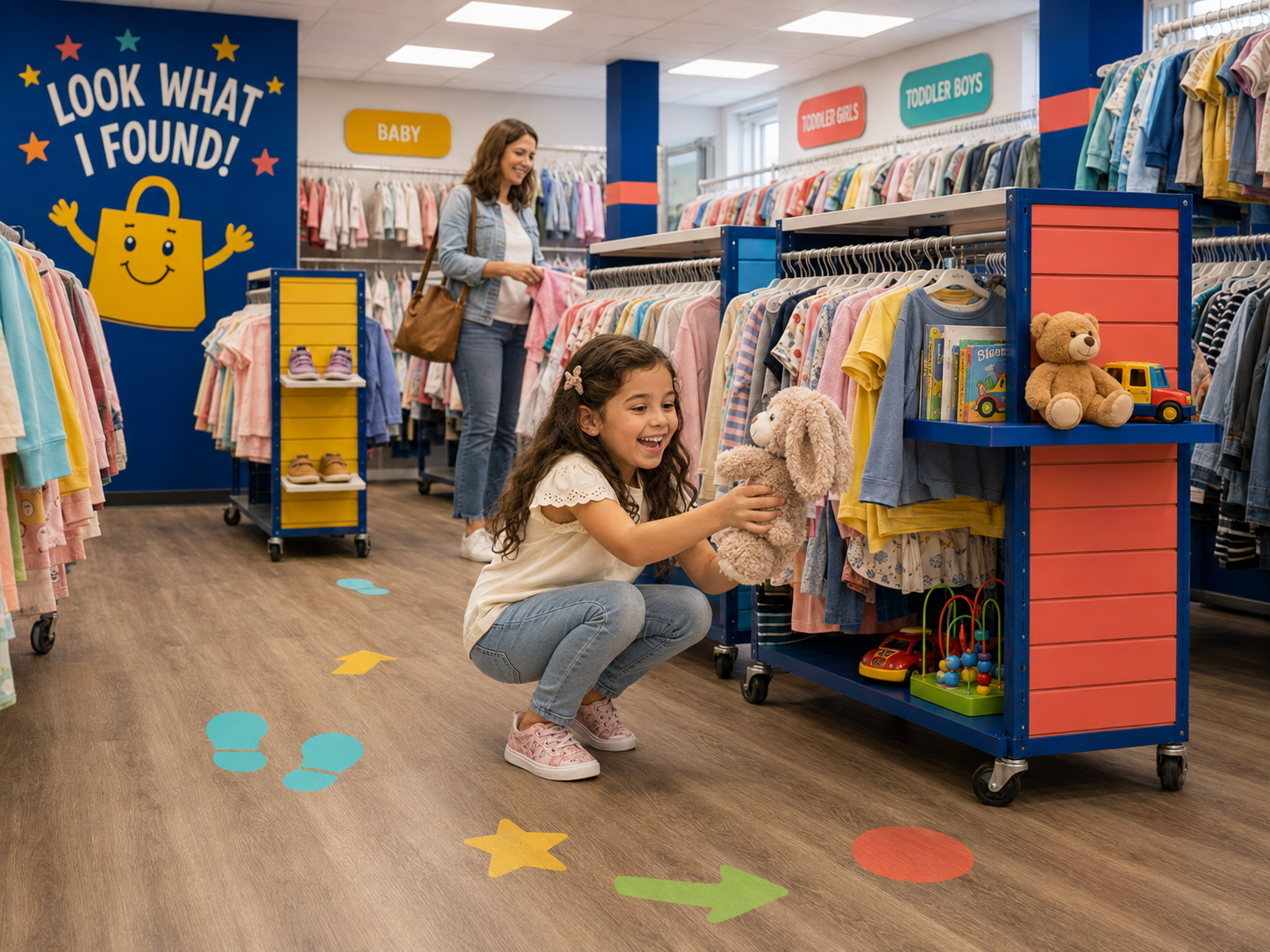 A delighted girl crouching to pick up a plush bunny from a Schellens rack while following the colourful floor trail, with the 'Look what I found!' wall behind her