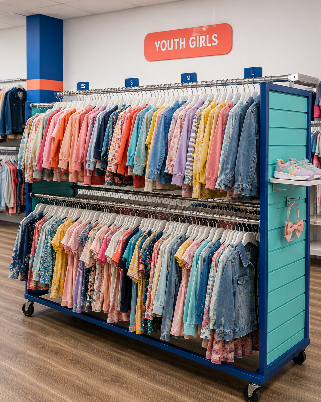Youth Girls rack packed with colourful tops, dresses and denim jackets under the coral Youth Girls sign, sorted by size