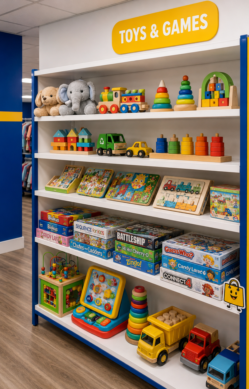 Toys & Games shelving with wooden trains, stacking rings, puzzles and boxed board games under the yellow Toys & Games sign