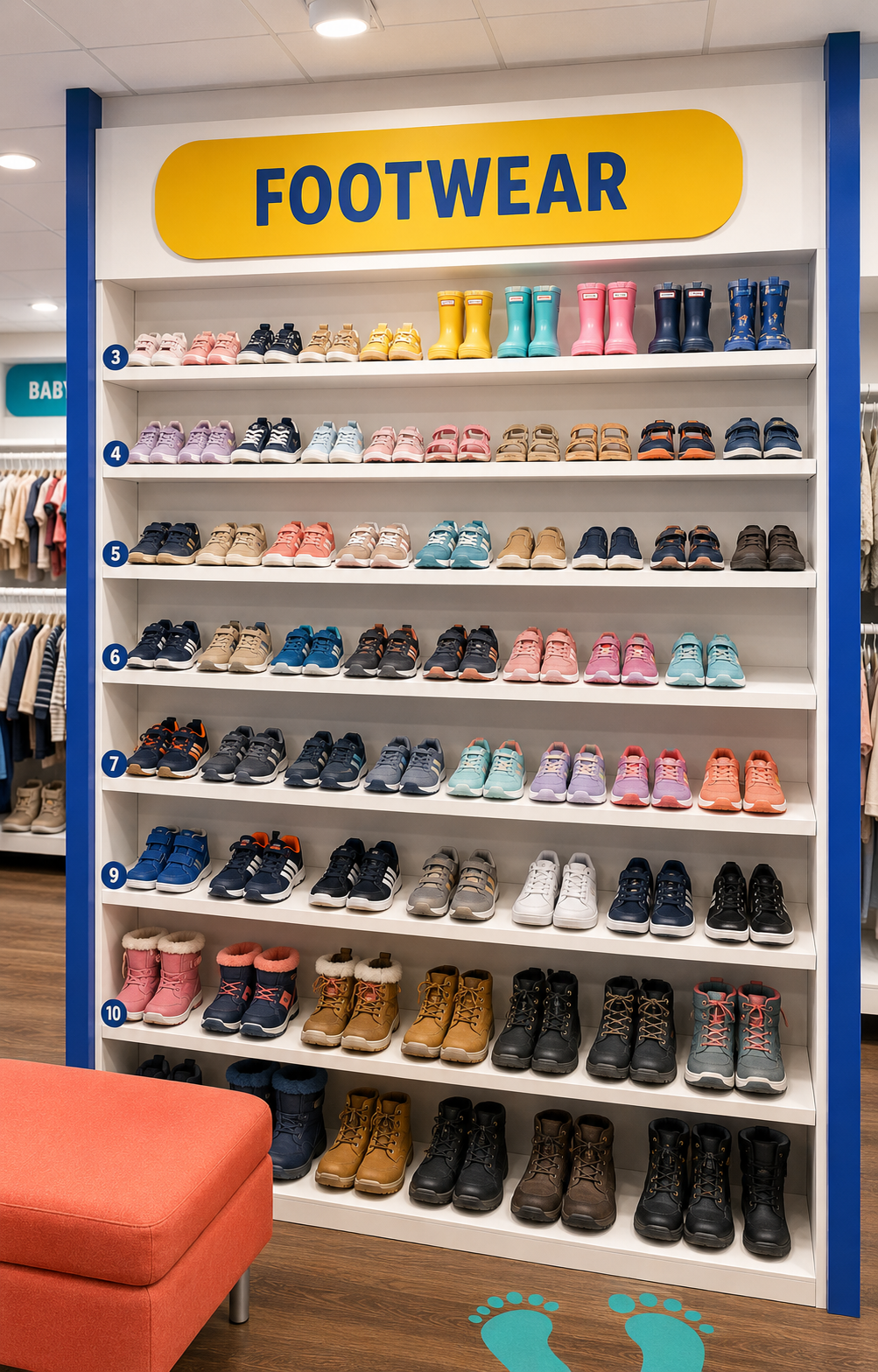 Footwear wall of children's sneakers, sandals and winter boots lined up by numbered size under the yellow Footwear sign