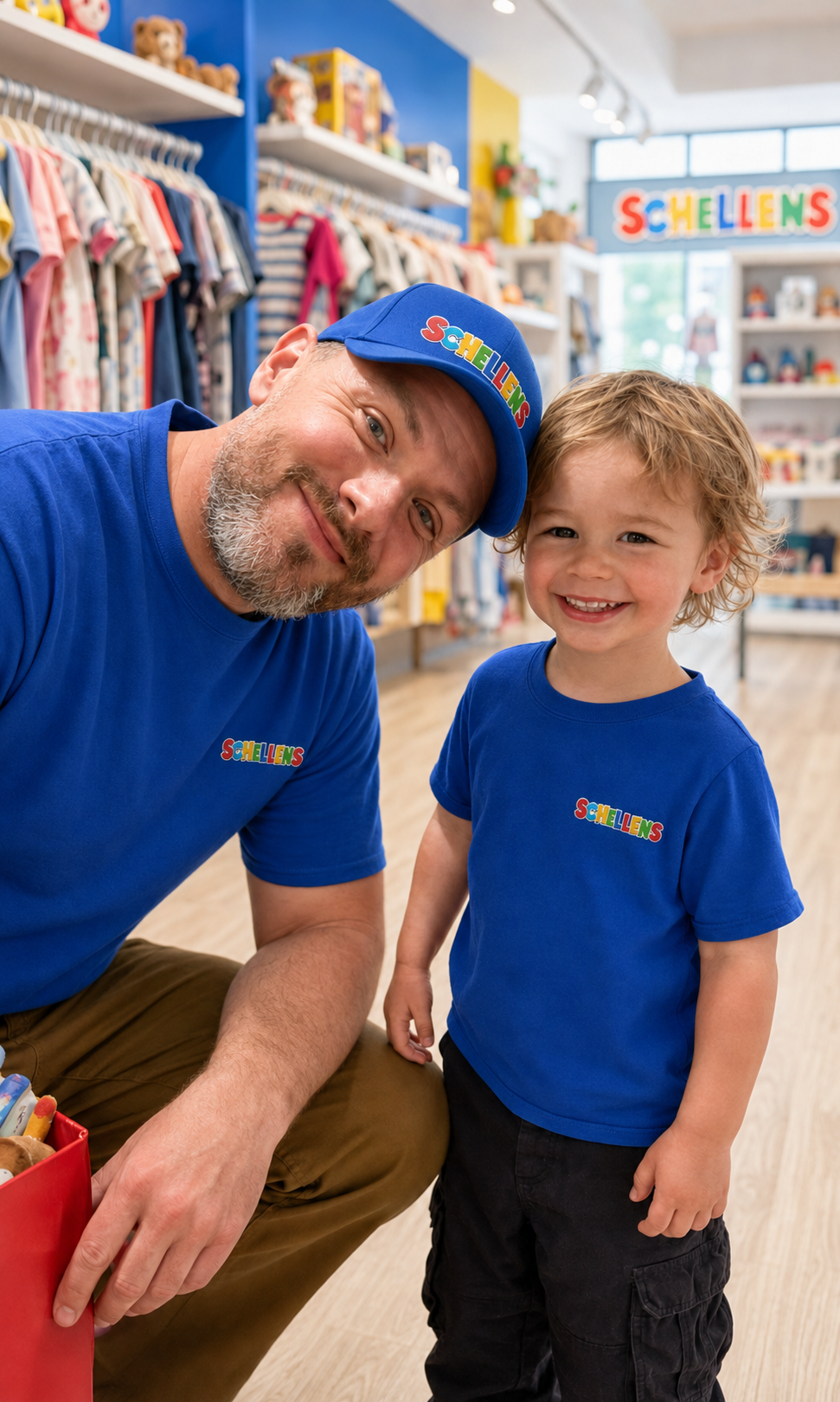 A Schellens team member and a young child smiling together inside the bright Schellens store, both wearing cobalt blue Schellens shirts, with colourful clothing racks and the Schellens sign behind them