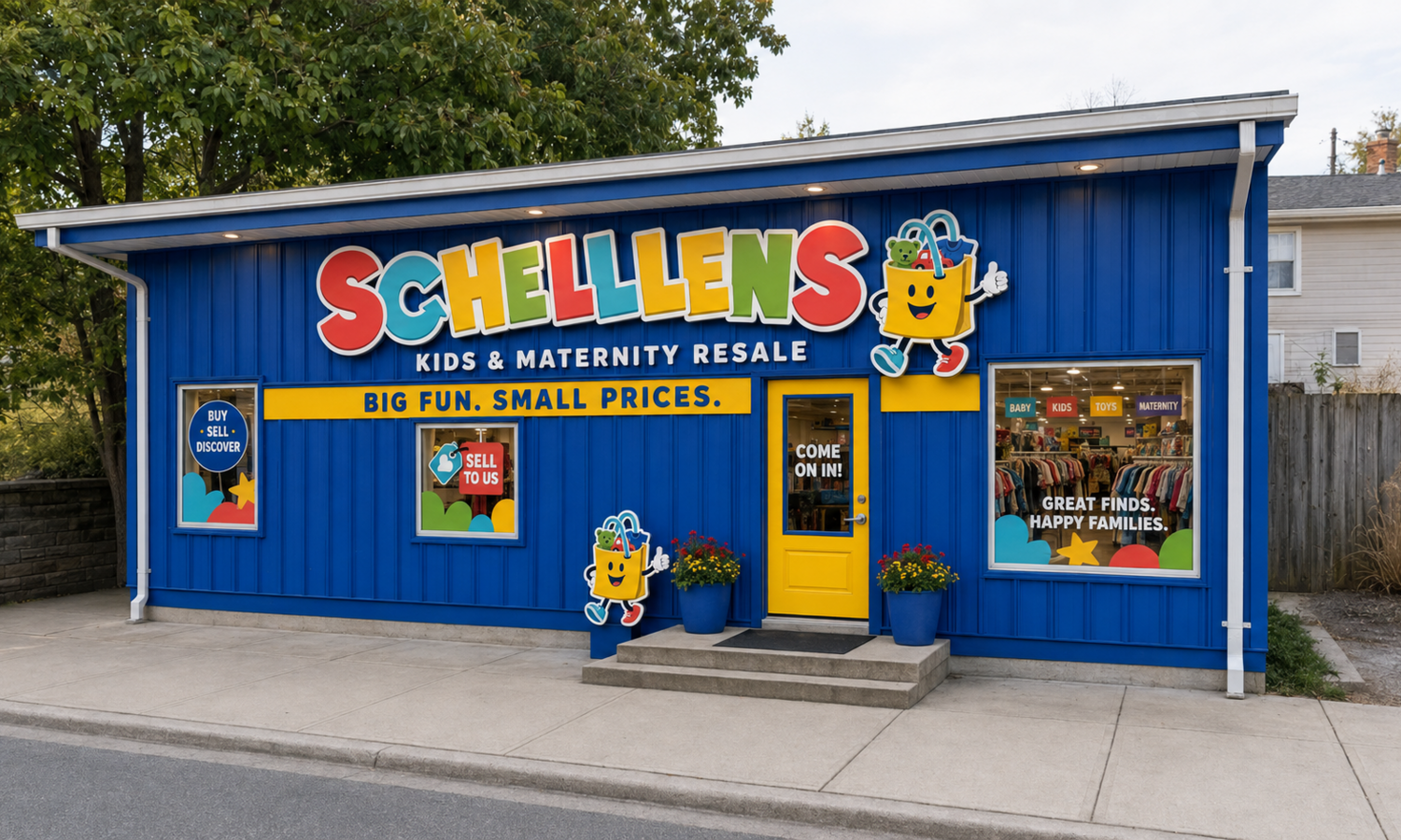 The bright cobalt blue Schellens secondhand kids' store in Montague, with the colourful Schellens sign, Bagsy mascot, yellow door and flower planters out front